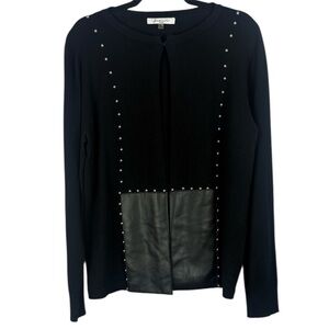 Sioni Chic Sophisticated Black Large Cardigan Fake Leather Panel & Stylish Studs